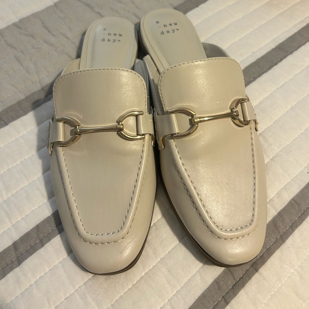 A New Day Women's Ivory Mules with Gold Buckle